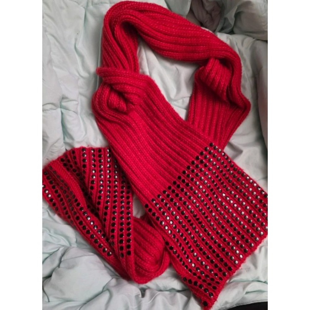 DKNY Red Ribbed Knit Scarf Silver Studded Embellished Acrylic Winter Scarf